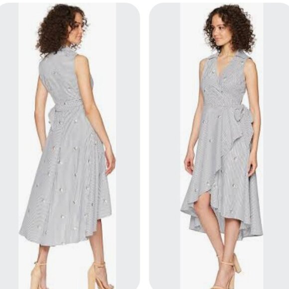 Calvin Klein Embroided Floral & Stripe Wrap Dress Hi-Low Hem Cottagecore Size 8 - Picture 5 of 8